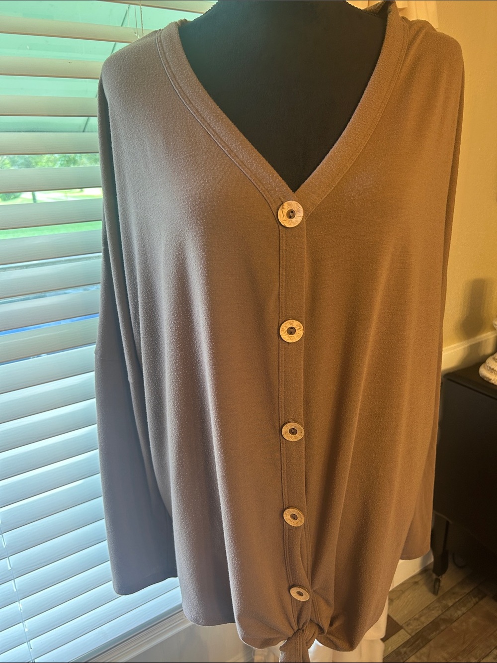 Zenana Outfitters Women's Button-Front Taupe Cardigan with Front Tie